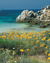 Le maquis aux senteurs Corse, se trouve au premier plan. Juste derriere la mer avec ses nuances de transparent à bleu turquoise. Les rochers aux couleurs claires et fonçées entourrés par la mer avec un ciel bleu en fond.